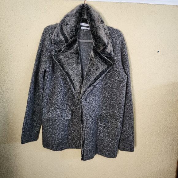 Mango Wool Trench Coat Winter Size 6 Gray Faux Fur Pockets Classic Mob Wife - Picture 5 of 12
